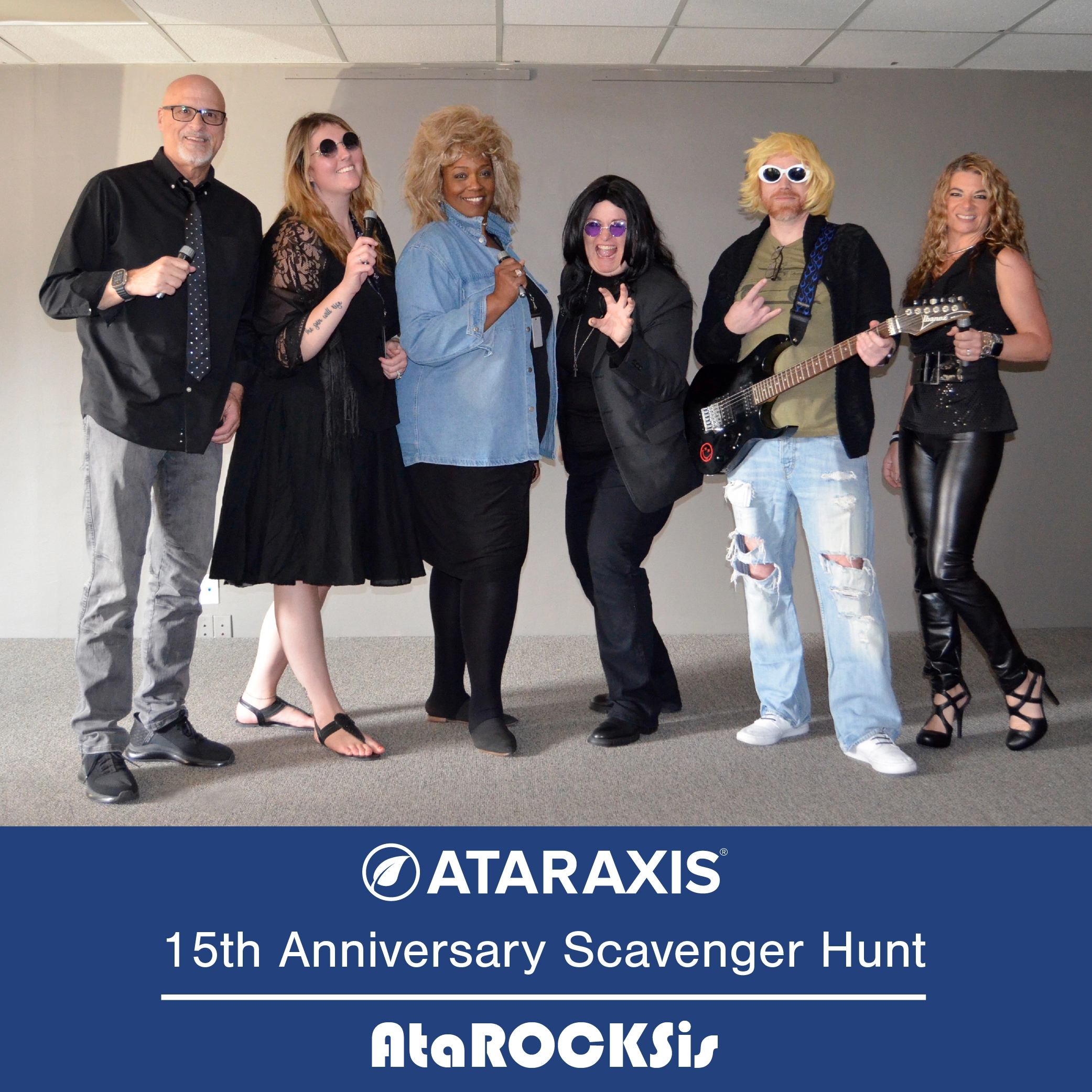 Ataraxis scavenger hunt team AtaROCKSis in rock star costumes