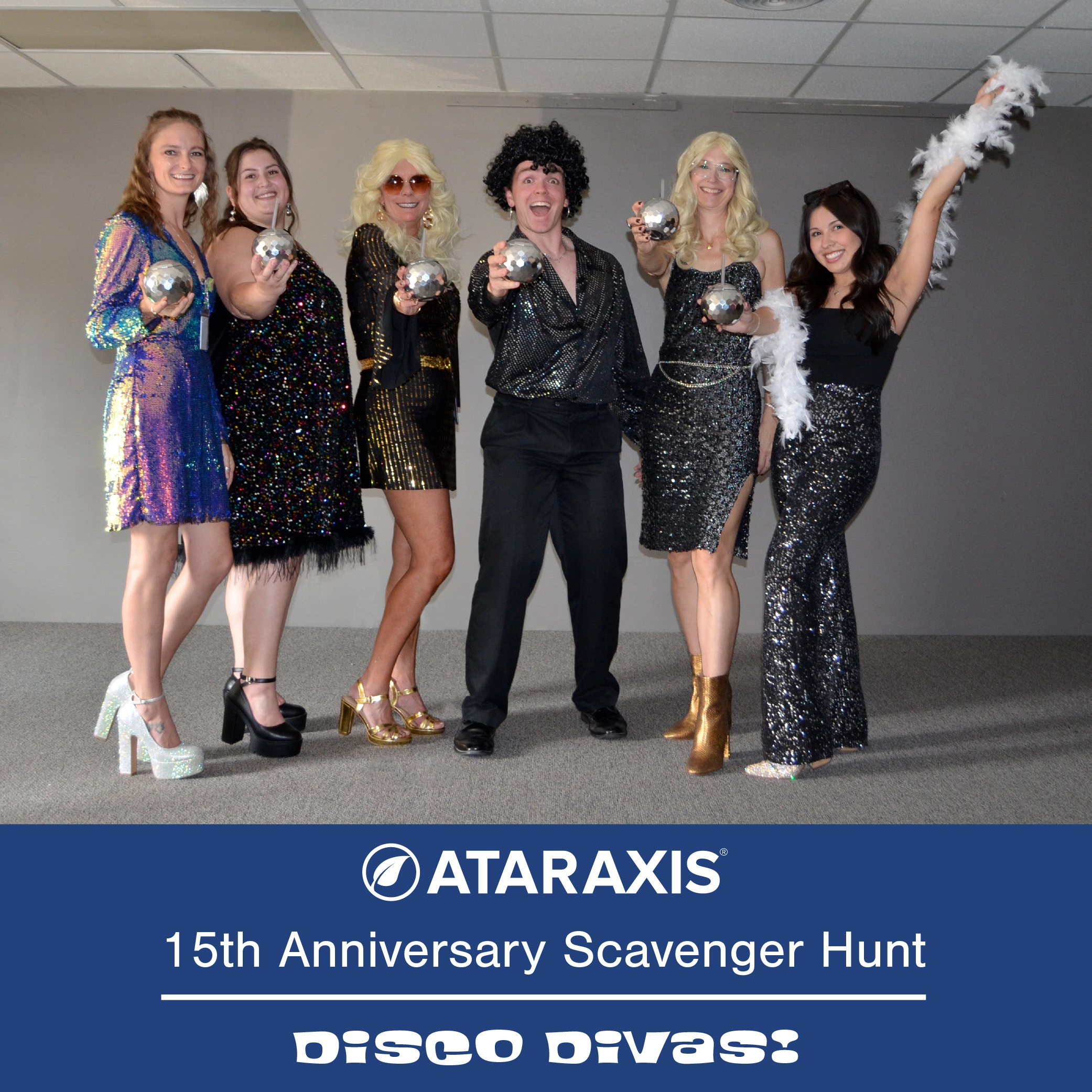 Ataraxis Disco Divas scavenger hunt team in 1970s disco costumes
